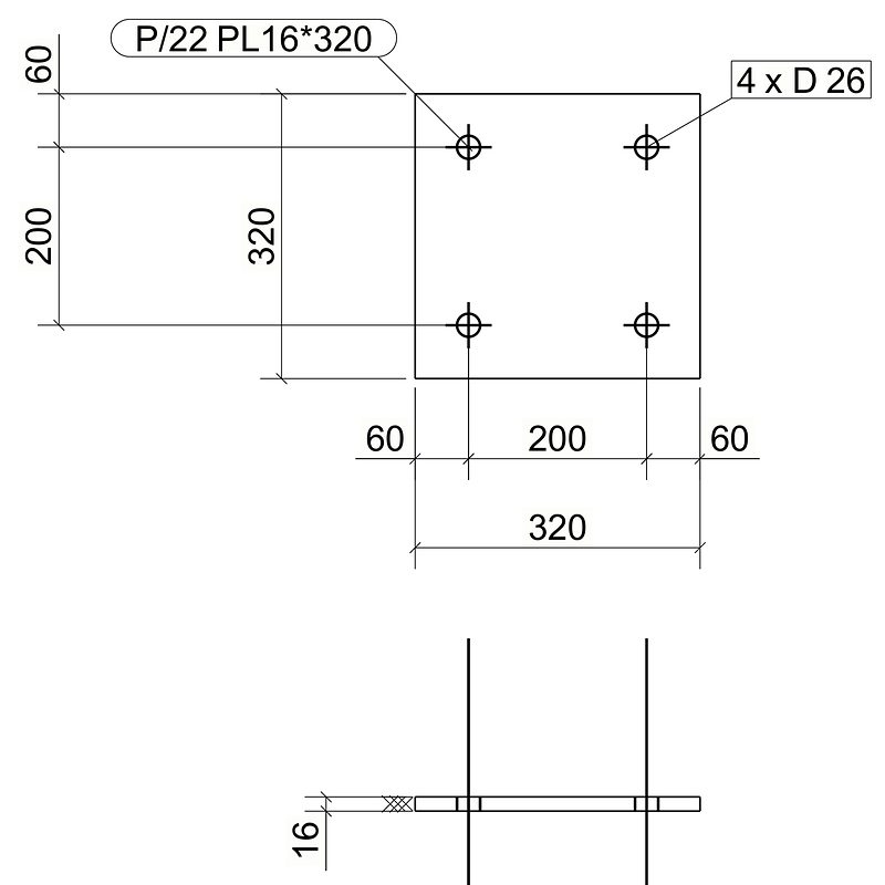 A talplemez elemrajza: 320×320 mm-es lemez négy furattal, méretekkel