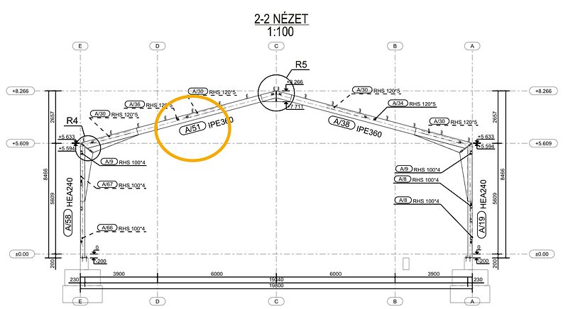 Keretállás nézete a szerelési tervről, a kiemelt keretgerenda összeállítási jelével