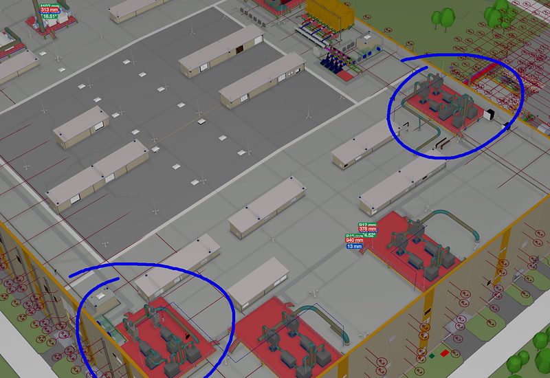 Ipari épület tetőzetének térbeli modellje technológiai berendezésekkel és acél segédtartóikkal